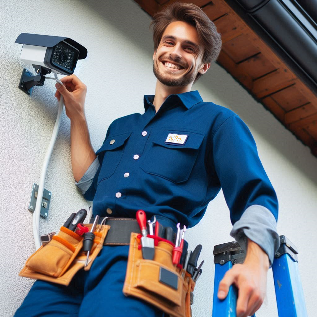 Technicien Bruxilock installant une caméra de surveillance